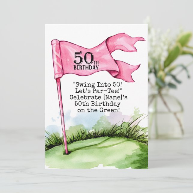 Golf 50th Birthday Woman Golfer Pink theme Invitation (Standing Front)