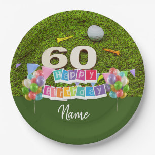 Golf 60th birthday golfer with balloon on green paper plate