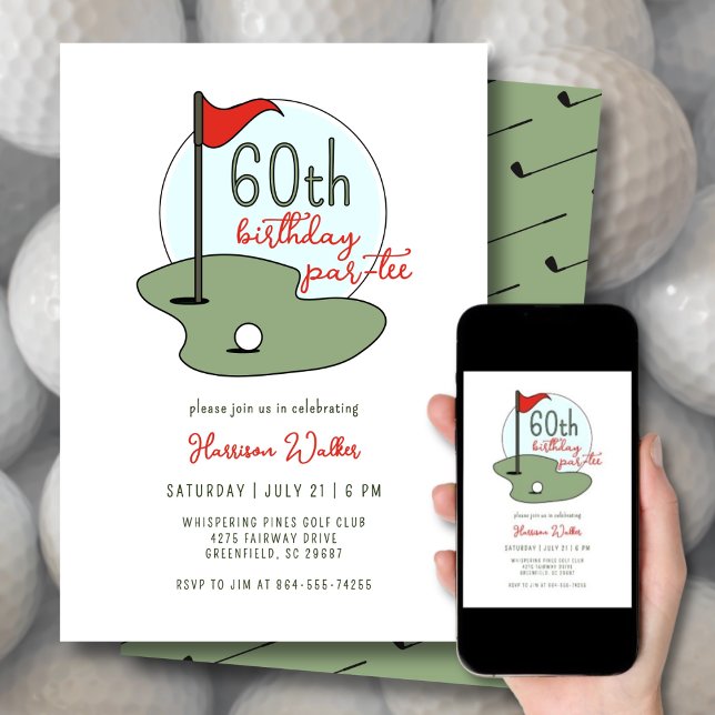 Golf 60th Birthday Party Hand Drawn Modern Green Invitation (Creator Uploaded)
