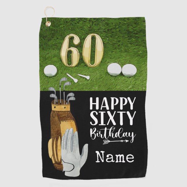 Golf 60th Birthday with golf ball on green Golf Towel (Front)