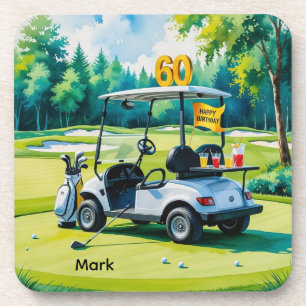 Golf 60th birthday with golf cart on green  coaster