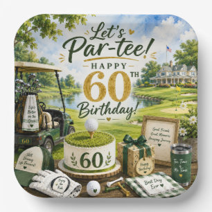 Golf 60th Birthday with golf cart on green  Paper Plate
