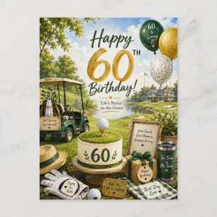 Golf 60th Birthday with golf cart on green  Postcard
