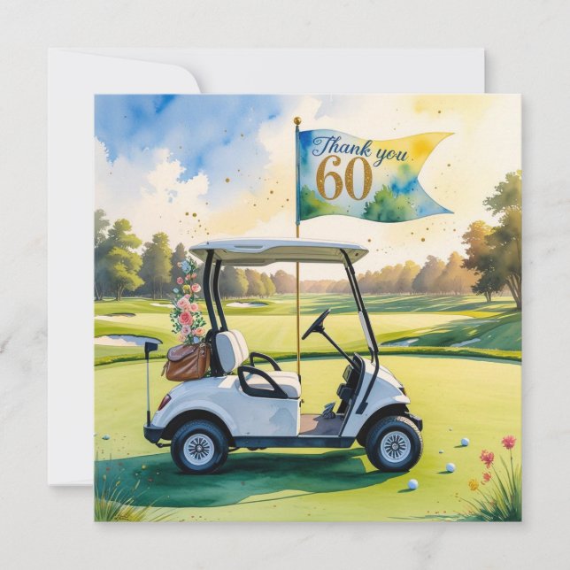 Golf 60th Birthday with golf cart on green Thank You Card (Front)