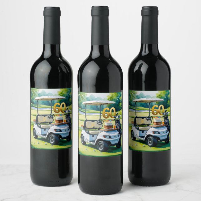 Golf 60th Birthday with golf cart on green  Wine Label (Bottles)