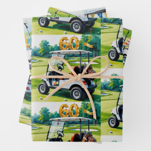Golf 60th Birthday with golf cart on green Wrapping Paper Sheet