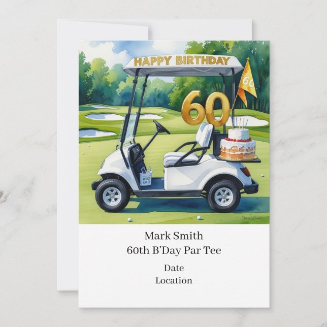 Golf 60th Birthday with Golf Cart on putting Green Invitation (Front)