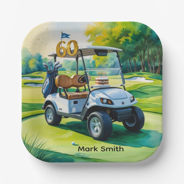 Golf 60th Birthday with Golf Cart on putting Green Paper Plate (Front)
