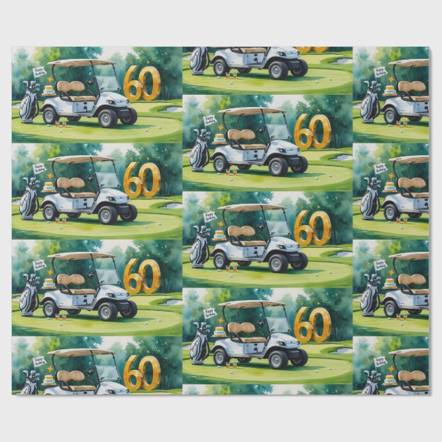 Golf 60th Birthday with Golf Cart on putting Green Wrapping Paper (Flat)