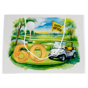 Golf 60th Birthday with golf cart watercolor Large Gift Bag