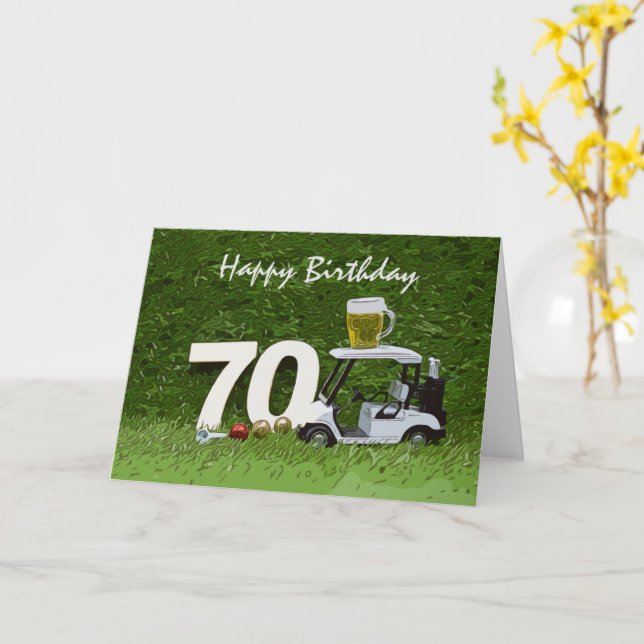 Golf 70th Birthday Party with beer on cart Card (Yellow Flower)