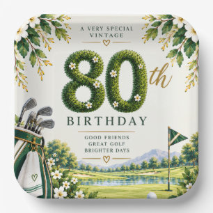 Golf 80th Birthday Green Watercolor Golf Course Paper Plate