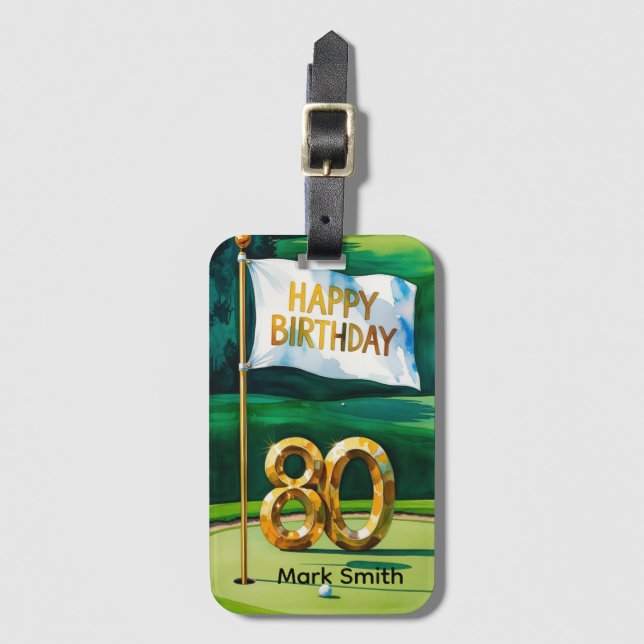 Golf 80th Birthday on green  Luggage Tag (Front Vertical)