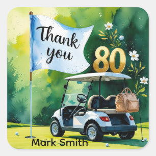 Golf 80th Birthday with golf cart on green Square Sticker