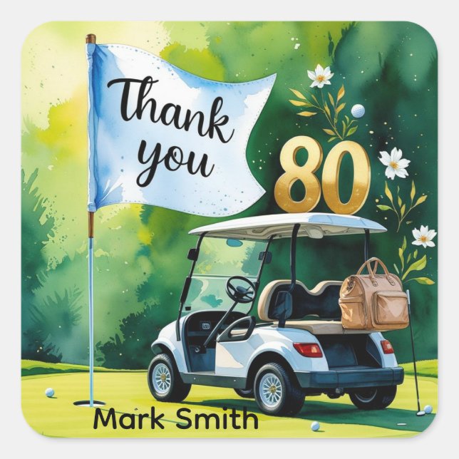 Golf 80th Birthday with golf cart on green  Square Sticker (Front)