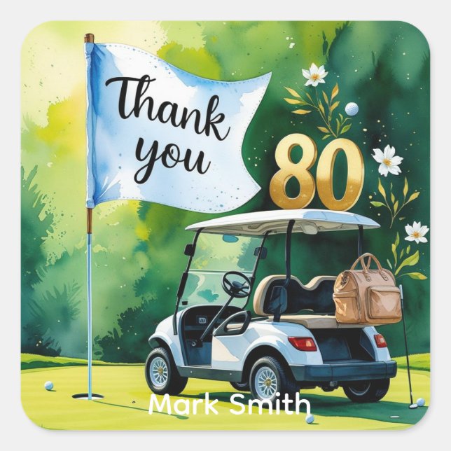 Golf 80th Birthday with golf cart on green  Square Sticker (Front)