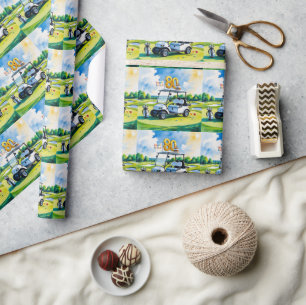 Golf 80th Birthday with golf cart on green Wrapping Paper