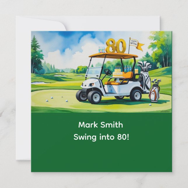 Golf 80th Birthday with golf cart on putting green Invitation (Front)
