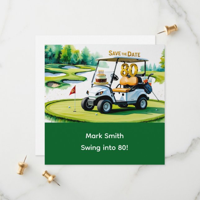 Golf 80th Birthday with Golf Cart on Putting Green Save The Date (Front/Back In Situ)