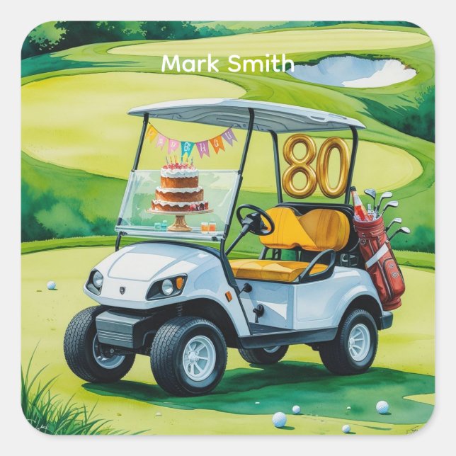 Golf 80th Birthday with golf cart on putting green Square Sticker (Front)