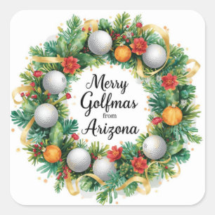 Golf Arizona Christmas Greeting with Golf Wreath Square Sticker