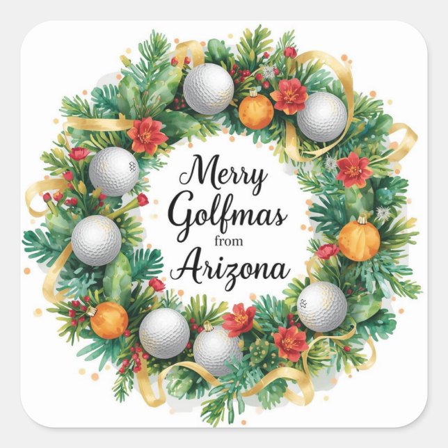 Golf  Arizona Christmas Greeting with Golf Wreath Square Sticker (Front)