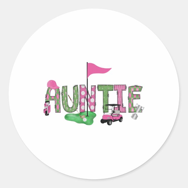 Golf Auntie Pink Hole In One Golf 1st Birthday Gir Classic Round Sticker (Front)