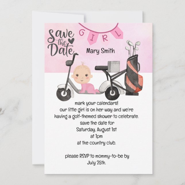Golf Baby Girl  Baby Shower on pink save the date Invitation (Front)