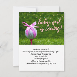 Golf baby girl is coming with ball pink ribbon inv invitation