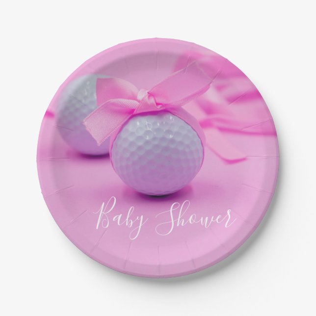 Golf baby shower baby girl with pink ribbon paper plate (Front)