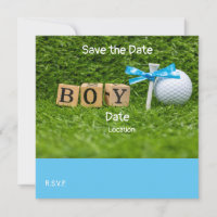 Golf baby shower boy with blue ribbon on green 