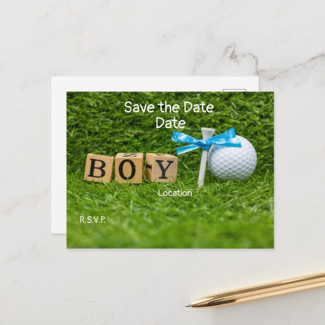 Golf baby shower boy with blue ribbon on green pos postcard (Front/Back In Situ)