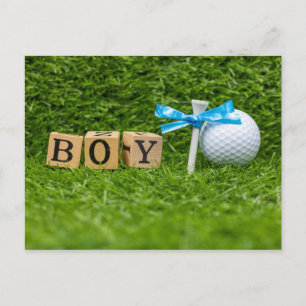 Golf baby shower boy with blue ribbon on green postcard
