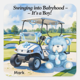 Golf Baby Shower Boy with Teddy Bear Golf Cart  Square Sticker