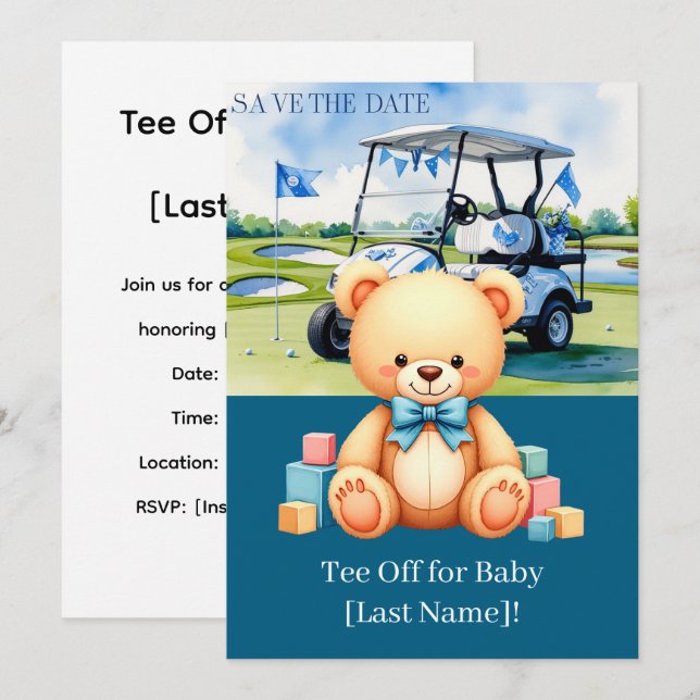 Golf Baby Shower for boy with golf cart on green Invitation (Front/Back)