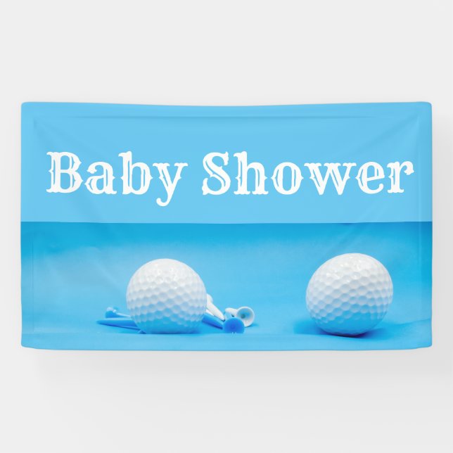 Golf baby shower with golf ball and tee on blue banner (Horizontal)
