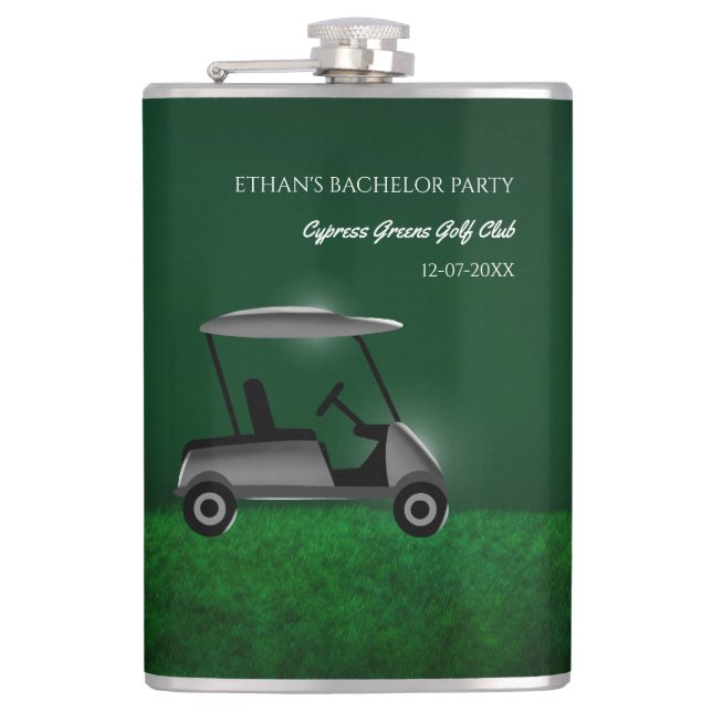 Golf Bachelor Party - golf cart and course green Hip Flask (Front)