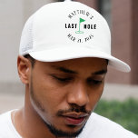 Golf Bachelor Party Last Hole Trucker Hat<br><div class="desc">This custom trucker hat features the playful phrase "Last Hole" along with a golfer image, perfect for a golf-themed bachelor party. Personalise it with the groom's name and date for a fun and memorable touch. Ideal for the groom and his friends, this hat adds a humourous and unique element to...</div>