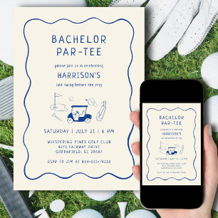 Golf Bachelor Party Last Swing Hand Drawn Blue Invitation