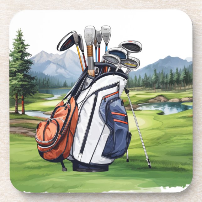 Golf bag at golf course watercolor coaster (Front)