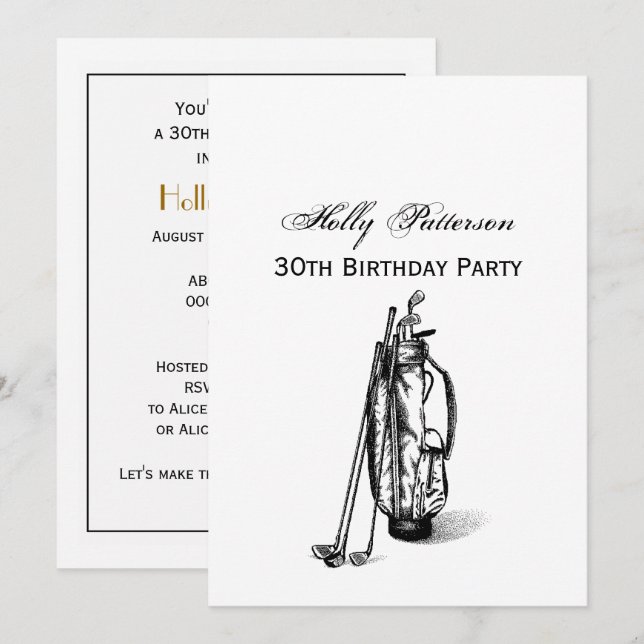 Golf Bag Golf Clubs Black 30th Birthday Party Invitation (Front/Back)