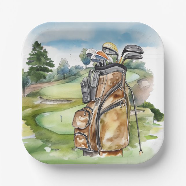 Golf bag on golf course paper plate (Front)
