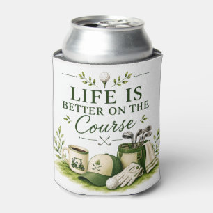 Golf bag with text on green can cooler