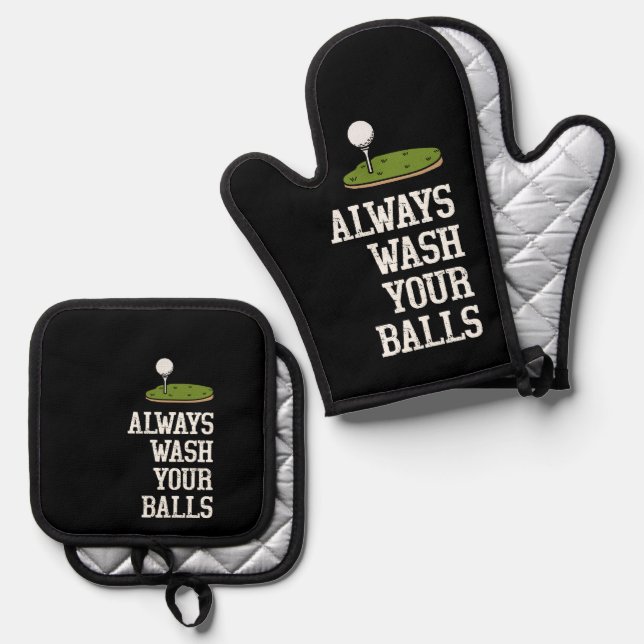 Golf ball always wash your balls oven mitt & pot holder set (Front/Back)