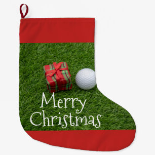 Golf ball and Christmas Present on green grass Large Christmas Stocking