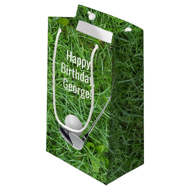 Golf Ball and Club on grass birthday Small Gift Bag (Front Angled)