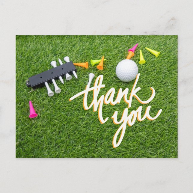 Golf ball and colourful tee  green grass thank you postcard (Front)
