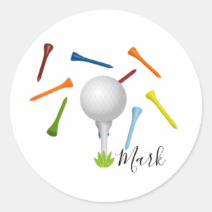 Golf ball and colourful tee on white   classic round sticker