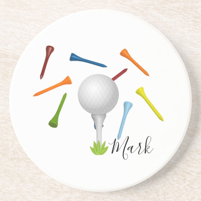 Golf ball and colourful tee on white  coaster (Front)