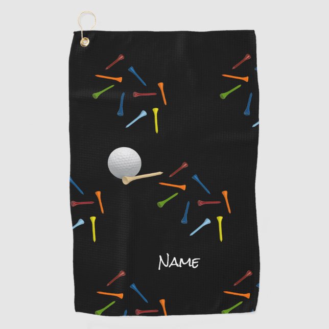 Golf ball and colourful tees on black background golf towel (Front)